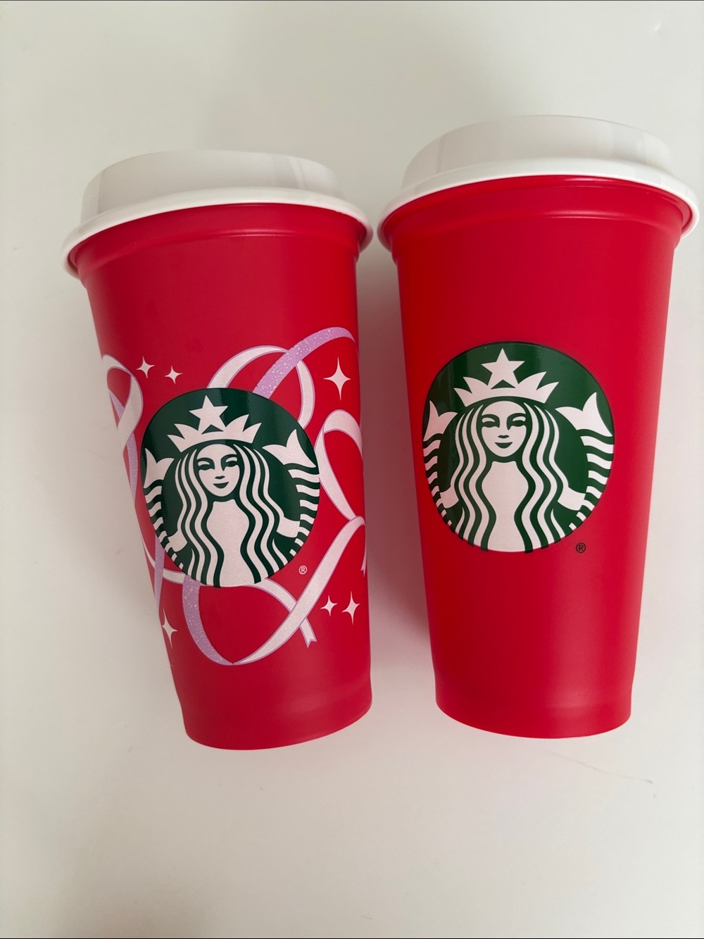 NEVER USED Starbucks Red Holiday Cups w/ Lids Set of 2 Christmas Reusable Cups